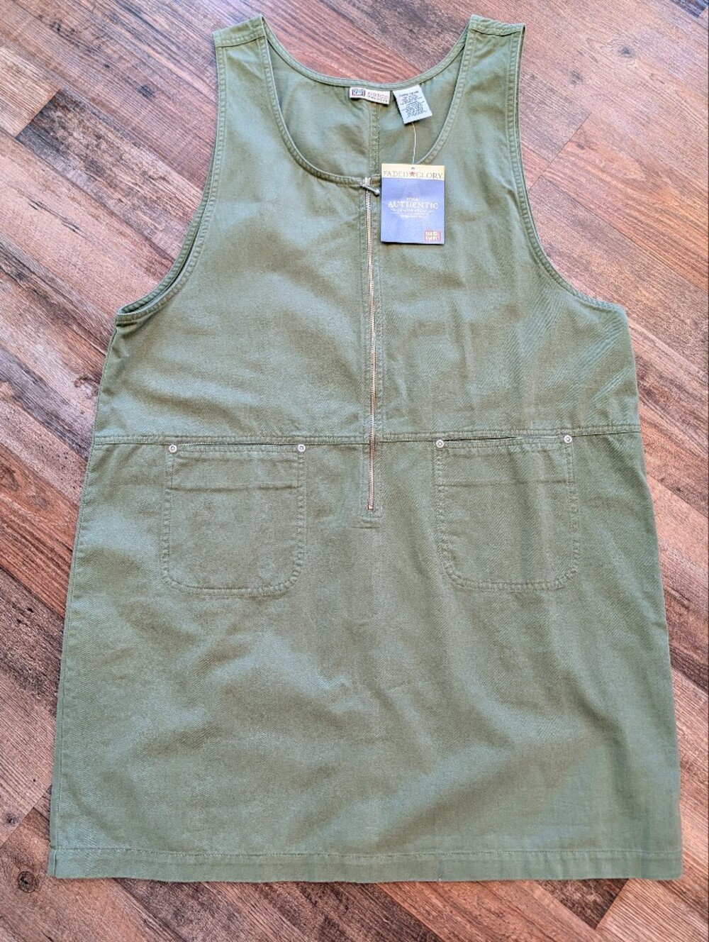 Vintage Faded Glory Apron Y2K Jumper Dress Olive Green Pockets Sz XL